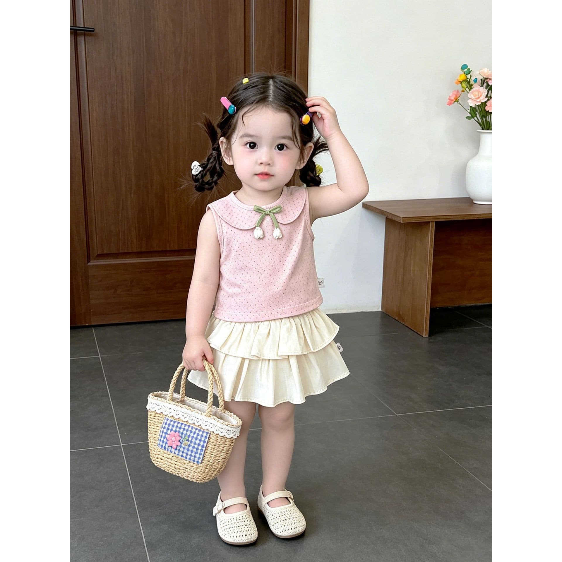 Super nice summer Korean style suit for girls, summer baby pink doll collar sleeveless top + pleated skirt
