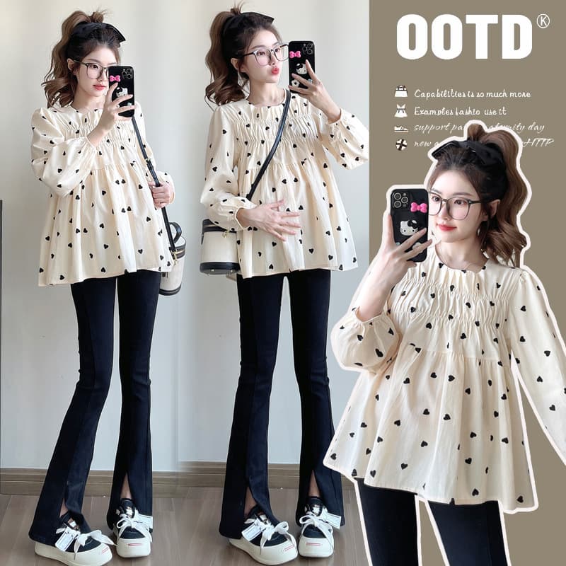 Pregnant women's long-sleeved T-shirt, loose babydoll style, autumn and spring two-piece set to conceal belly and not show.