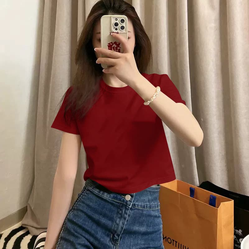American Retro Short Solid Color Short Sleeve T-Shirt for Women Summer Sweet Sexy Fitted Cropped Top