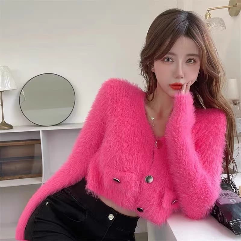 Faux mink cashmere Chanel-style knitted cardigan, pure and alluring spring and autumn 2023 new style women's winter short top