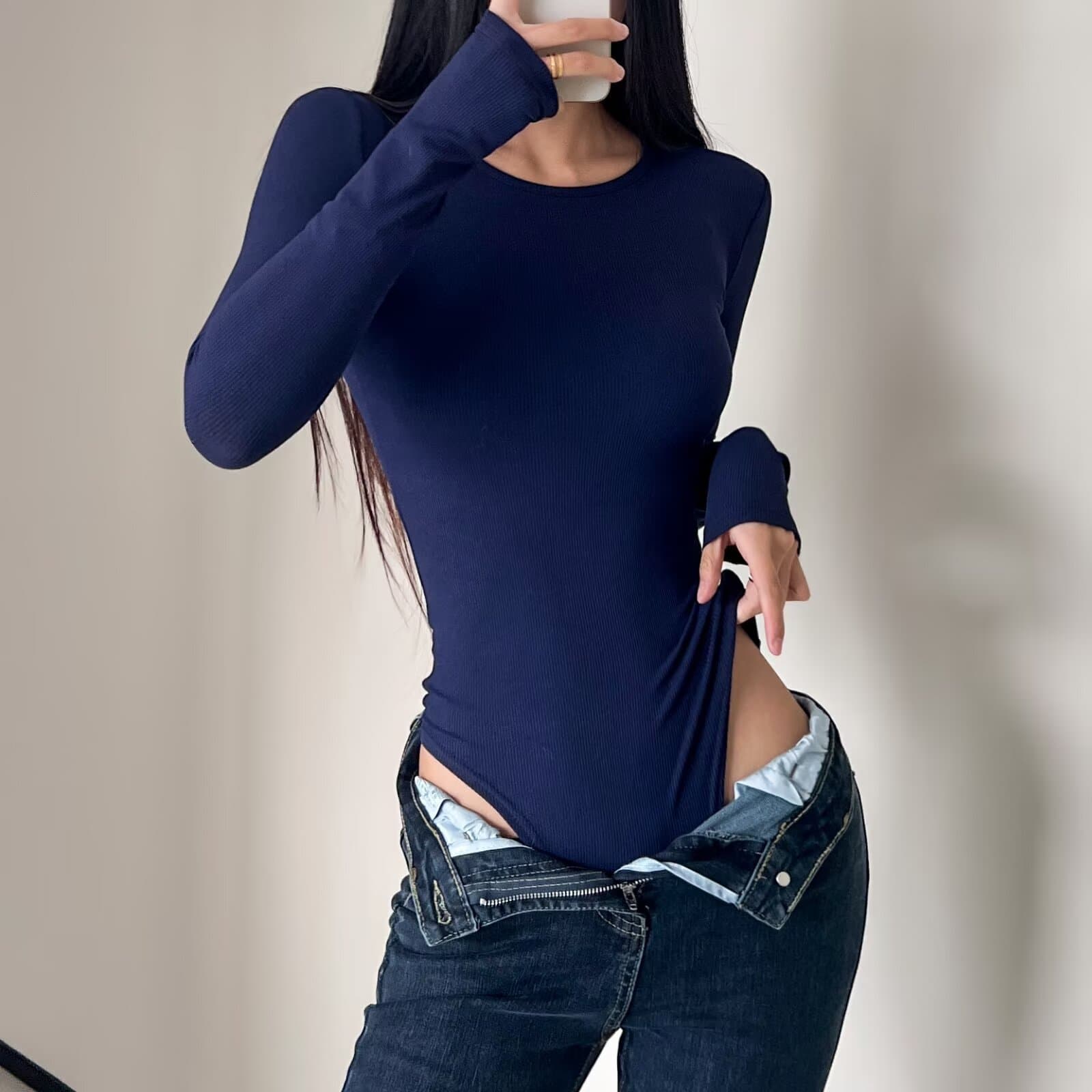 2025 Fall Basic Round Neck Stretch Slim Long Sleeve Bodysuit Women's Inner Tight Snap Crotch Top T-Shirt Trendy
