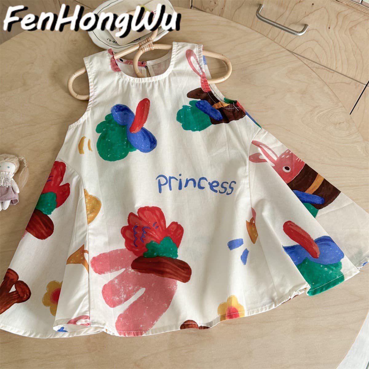 Fhw Girls' Summer Dress New Style Children's Vest Dress Thin Letter Cartoon Dress Baby Girl Princess Dress