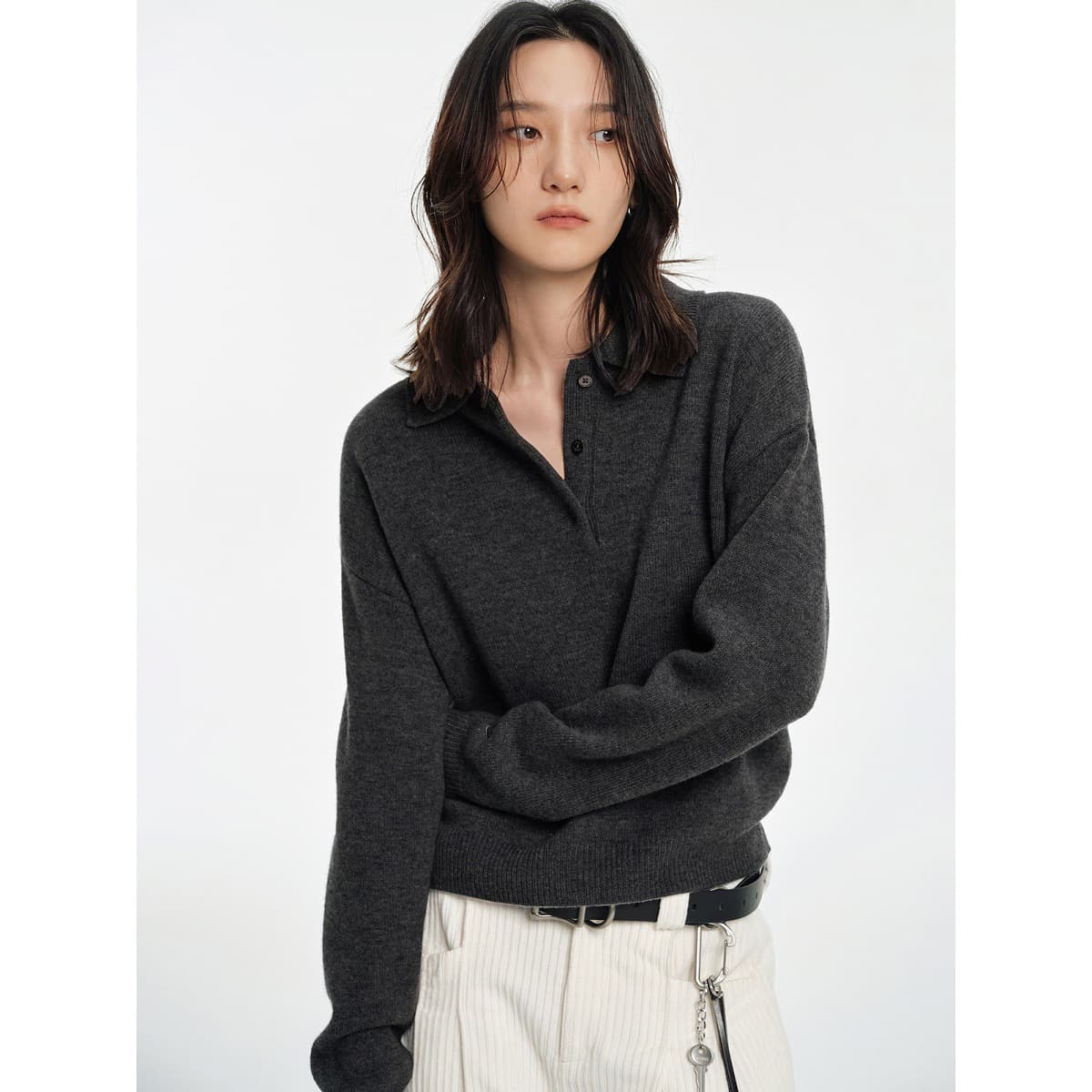 JUSLIN High Quality Wool M*iu Style Layering Retro Versatile Polo Collar Knit Sweater K1113