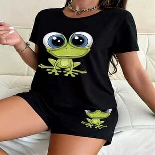 2026 New Summer Sleepwear Set for Women from Europe, America, and Southeast Asia – Short Sleeve Pullover and Shorts Loungewear Set with Built-in Pads, In Stock
