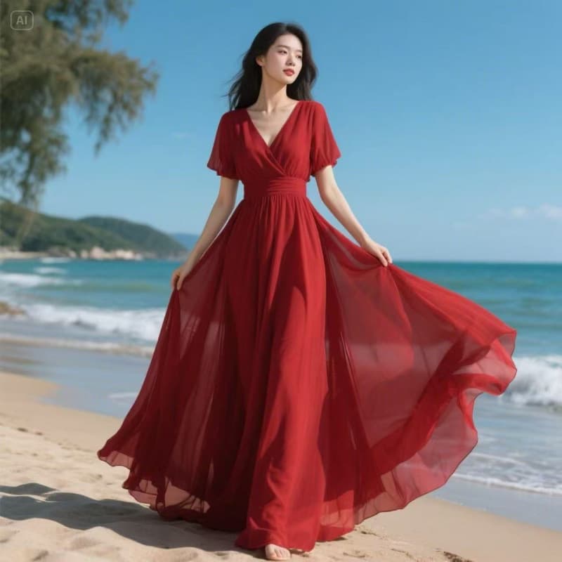 2026 new popular summer beach skirt red chiffon dress women's long slim slim long skirt super fairy