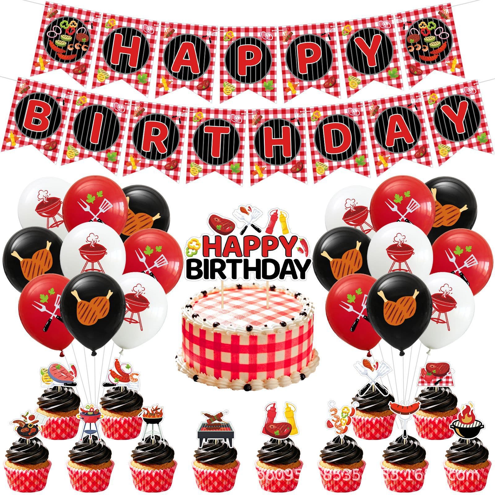 BBQ Theme Kids Birthday Party Decoration Set Birthday Banner Cake Topper Insert Flags Latex Balloons