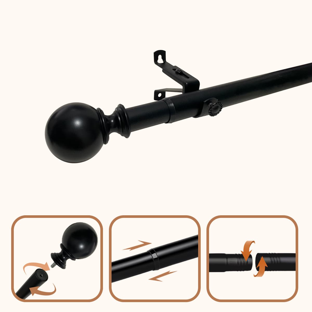 Cross-border manufacturer direct sales round ball black single 25mm 1inch Amazon metal threaded butt joint curtain Roman rod