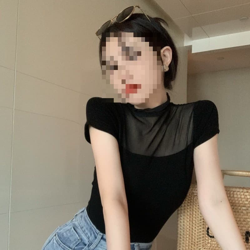 2025 Black Mesh Semi-Sheer Lace Panel T-Shirt Summer New Sexy Slim-Fit Fashion Short-Sleeve Top Women's Clothing