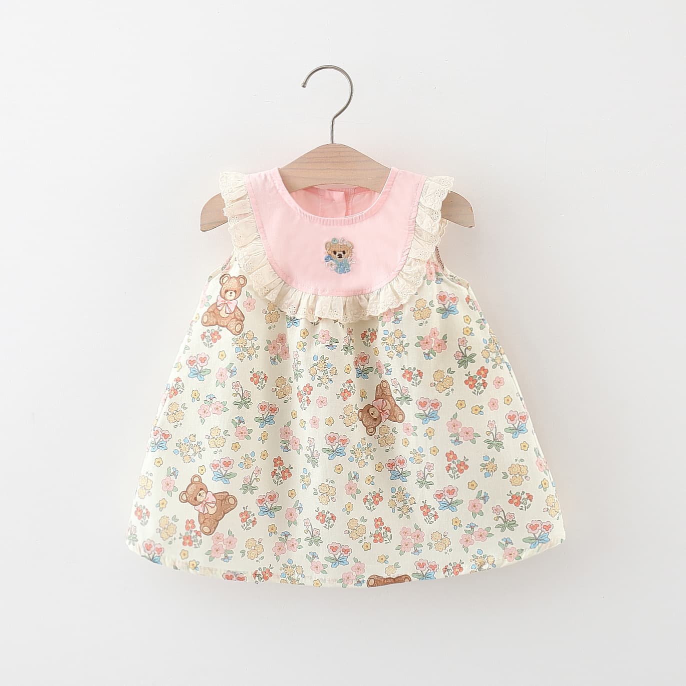 Live Hot Selling Baby Girl Dress Korean Style Cartoon Bear Embroidered Lace Trim Sleeveless Vest Princess Dress for Toddler Girls