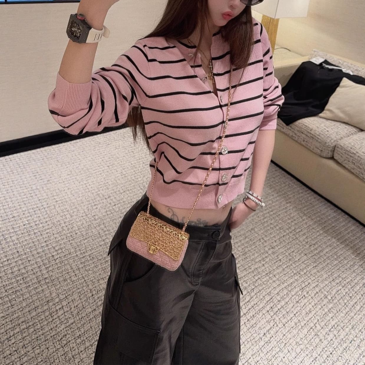 Chanel-style Pink Striped Knit Cardigan for Women Spring Autumn 2025 New Elegant High-end Slimming Sweater Short Jacket