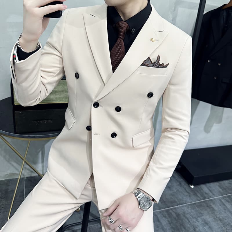 Men's New Solid Color Double-Breasted Three-Piece Suit Set for Wedding, Engagement, Groom, and Best Man