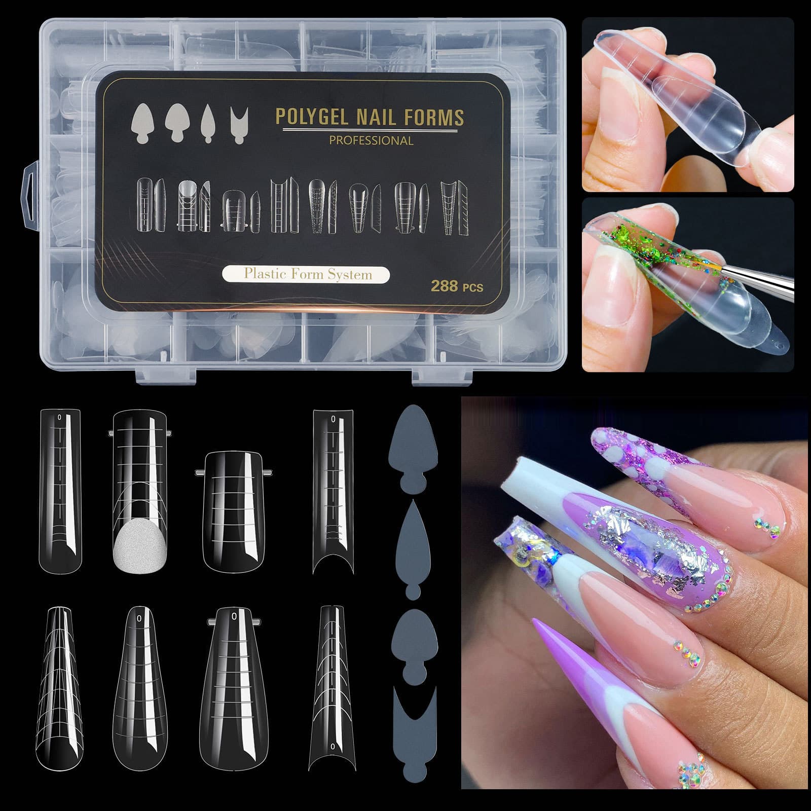 Cross-border Nail Tools Crystal Extension Kit Wholesale 288pcs with Double-sided Tape Extension Nail Tips False Nails