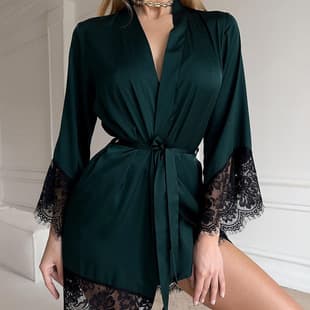 New Cross-Border European and American Sexy Silk-Like Lace Long-Sleeve Summer Women's Homewear Pajamas Comfortable Casual Robe