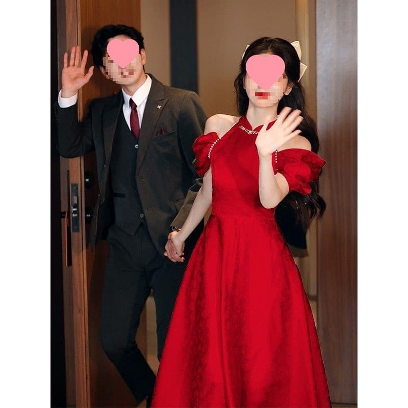 Pregnant Women New Chinese Style Halter Neck Dress Red Plus Size Engagement Dress Wedding Morning Gown Fat Dress Wedding Toast Dress Bride