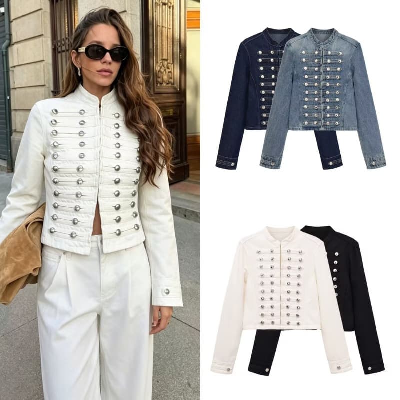 Cross-border foreign trade European and American clothing washed and worn retro Napoleon button-down stand-up collar denim jacket short coat
