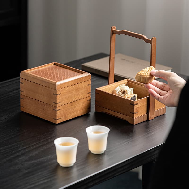 National Trend New Retro Bamboo Carrying Basket, Fruit and Tea Snack Food Container, Portable Outdoor Gongfu Tea Set, Tea Ceremony Utensils