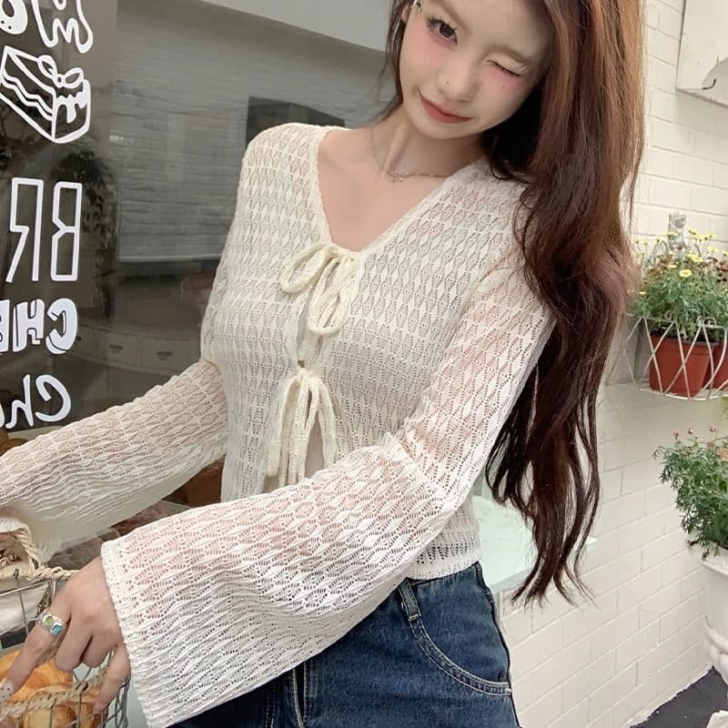 Foreign trade cross-border ice silk knitted sun protection shirt women's summer thin vacation air-conditioned room lace cardigan outer blouse top