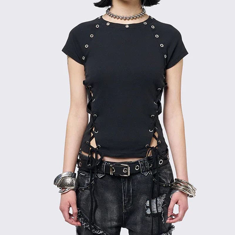 Gothic European and American Cross-Border Fashion Spring/Summer New Ins Style Wasteland Side-Cutout Slim-Fit Round-Neck Short-Sleeve T-Shirt