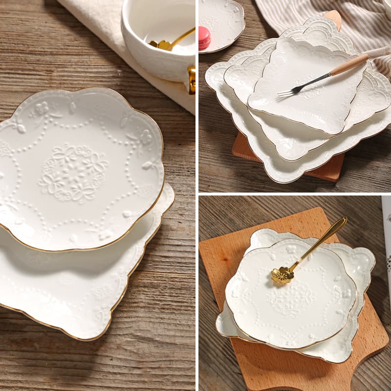 Home Embossed Ceramic Rectangular Plate, Round Steak Plate, Vegetable Plate, Butterfly Dinner Plate, Fruit Plate, Dessert Plate