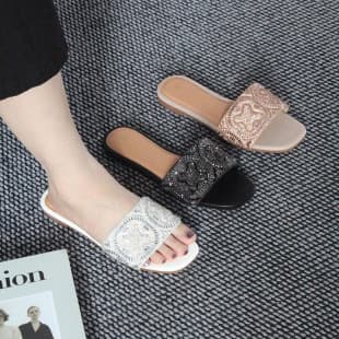 Fashion Slippers - Foreign Trade Women's Summer Slippers 2026 New Square Toe Flat Comfort Rhinestone One-Strap Slippers