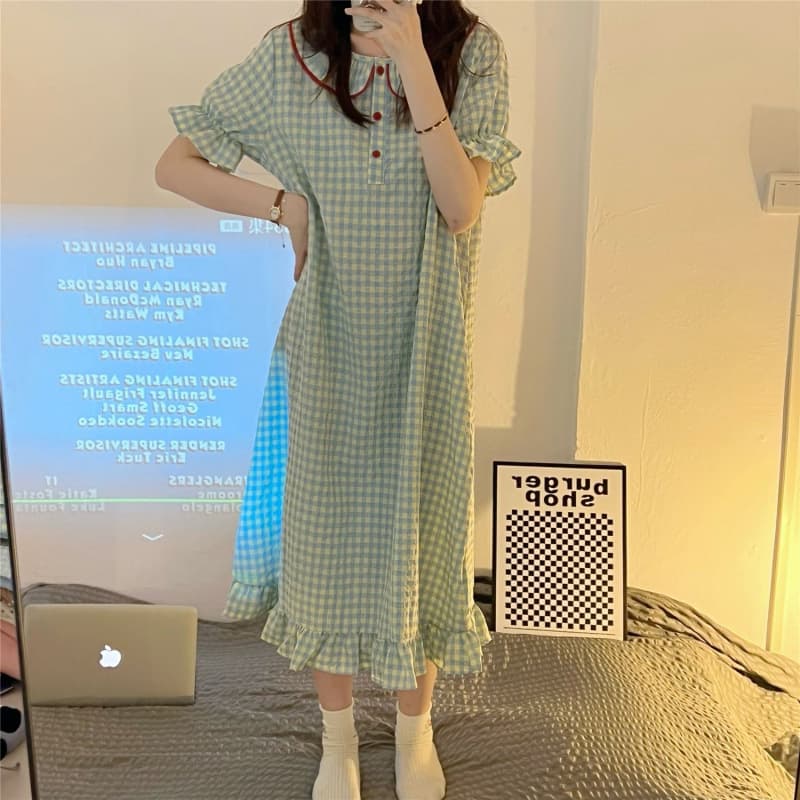 Short-sleeved yellow and blue plaid skirt Internet celebrity ins style loose plus size girl high-end pajamas women's home wear