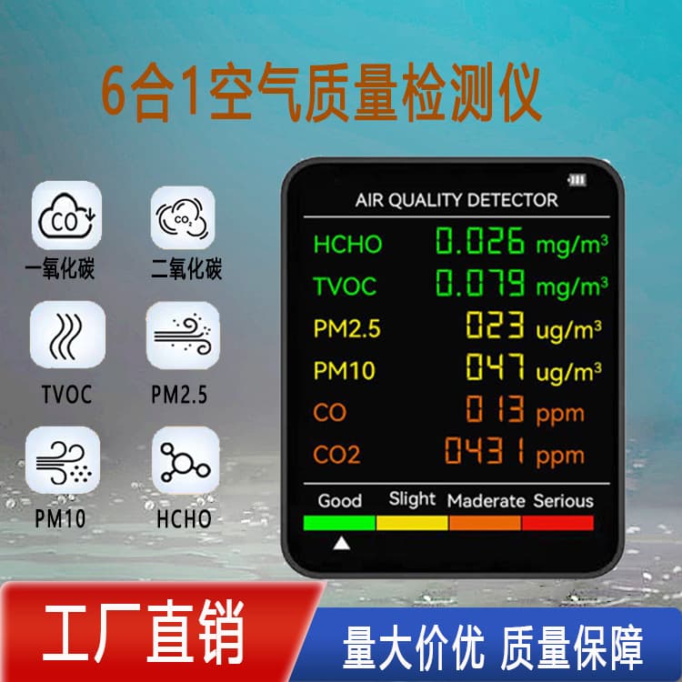 Six-in-one air quality detector: formaldehyde, PM2.5, TVOC, carbon dioxide, temperature, humidity, and gas detector.