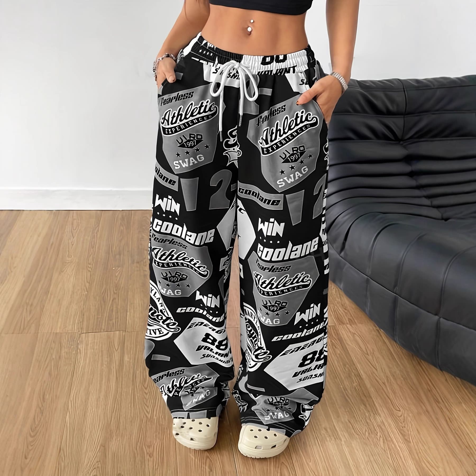 In Stock 2025 Cross-Border Europe and USA Autumn/Winter Women's New Arrival Trendy Style Pocket Street Print Loose Casual Pants