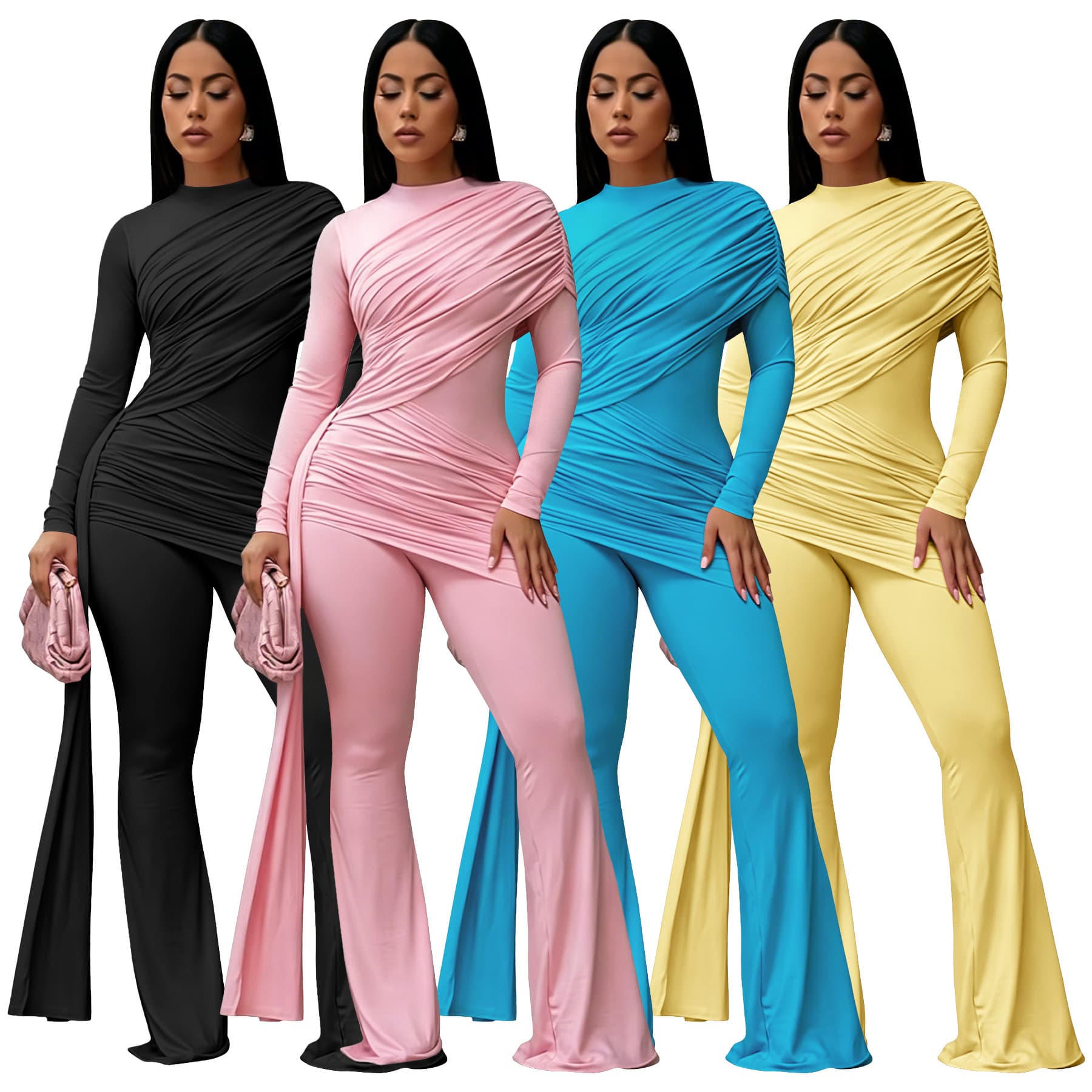 11110 Amazon New Autumn Winter European American Fashion Women's Pleated Waist Ribbon Long Sleeve Flared Jumpsuit