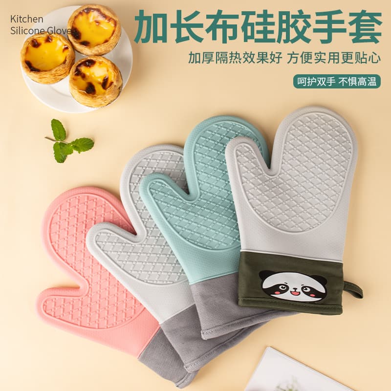 Oven silicone heat insulation gloves, anti-scald thickened kitchen baking-specific high-temperature resistant heat protection microwave five-finger wholesale