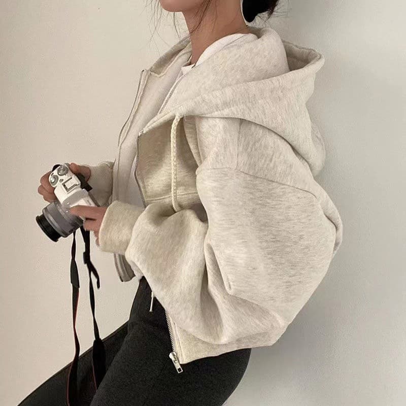 2024 Fall/Winter New Arrival Ins Fleece-Lined Versatile Fashion Short Slim Zip-Up Warm Solid Color Hoodie for Women