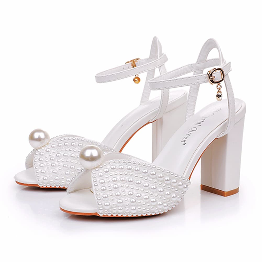 9cm Chunky Heel Peep Toe Sandals, Square Heel Sandals, White Pearl Bridal Wedding Dress Sandals, Pearl Wedding Shoes for Women