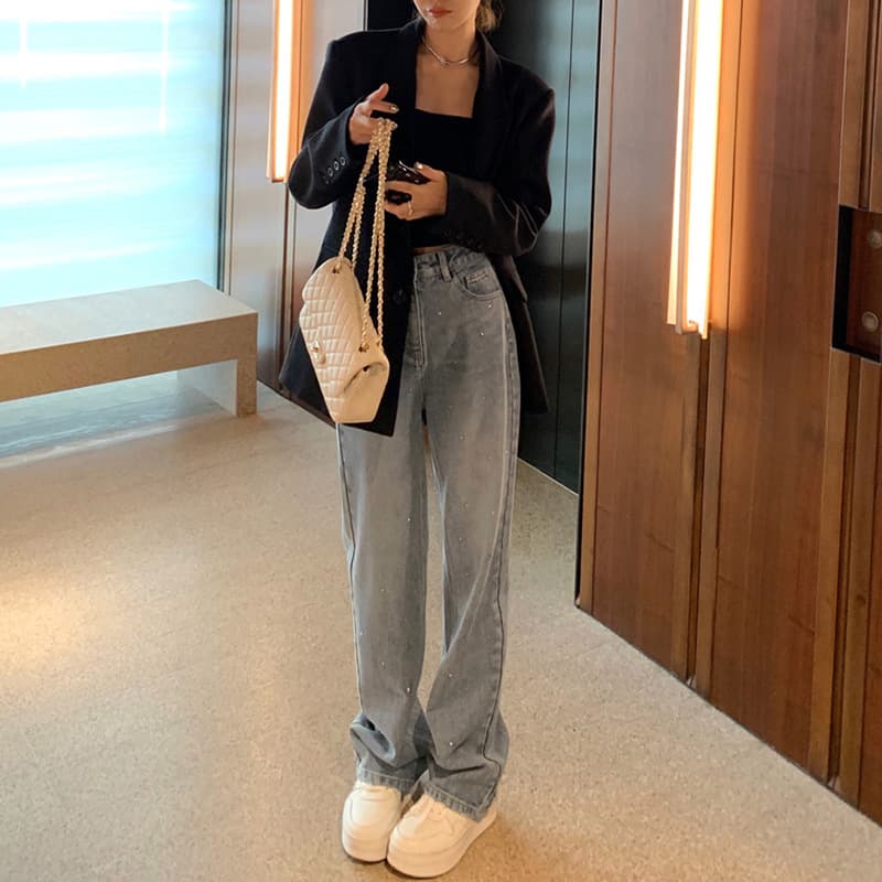 High-Waisted Straight Leg Jeans with Rhinestone Embellishments for Women, Slimming Wide-Leg Pants with Relaxed Fit