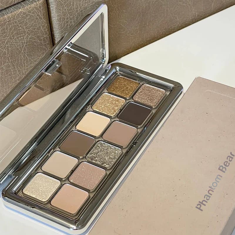 Phantom Bear Cement Palette 12-Color Eyeshadow, TikTok Live Stream, Pearl Shimmer, Matte, Affordable Earth Tone Eyeshadow