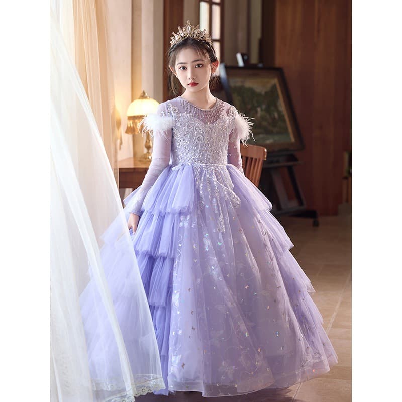 Purple Girls Dress Beautiful Flower Girl Wedding Princess Gown French Style Little Girl 10th Birthday Party High-End