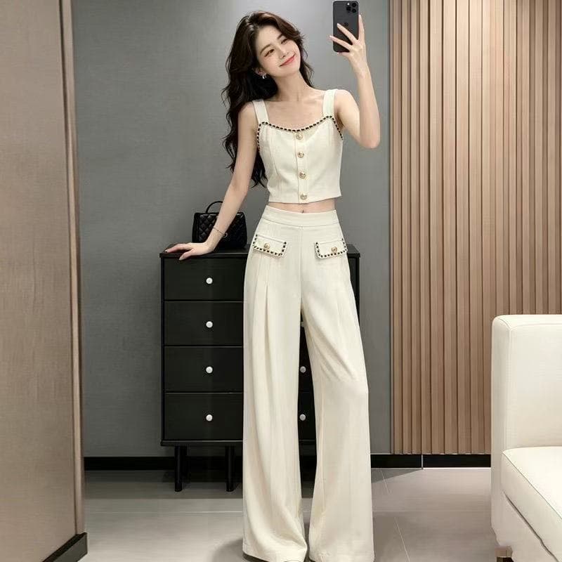 Cross-Border Very Nice Casual Suit Women Summer Wear Elegant Celebrity Style Camisole Blazer Wide Leg Pants Set