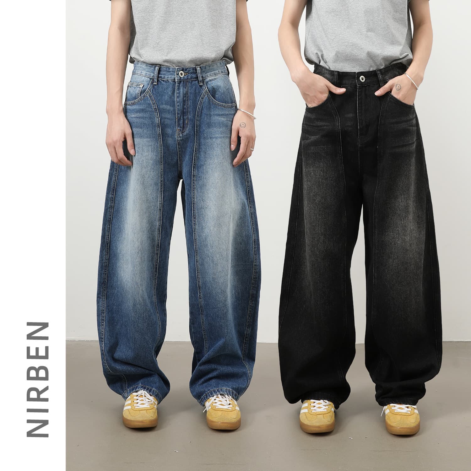 Nirben Denim | American Retro Washed Patchwork Curved Jeans for Men, Street Style Straight Loose Sickle Pants