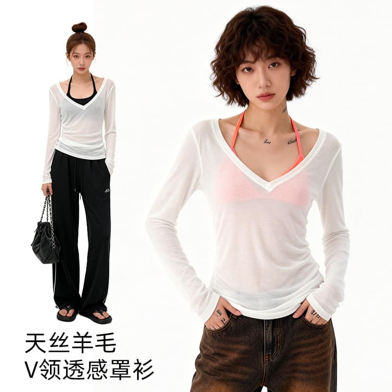 Spring and summer silk wool blended V-neck T-shirt tops for women that can be worn inside and outside, soft, comfortable and lightweight women's base layer shirt