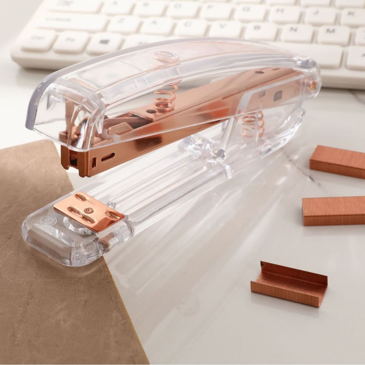 INS Nordic Rose Gold Stapler, Student Fashion Transparent Stapler, High-End Office Use Rose Gold Staples