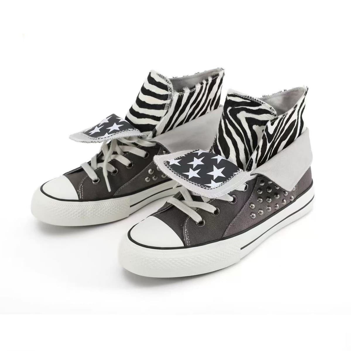 Double-layer shoe collar zebra print horsehair star print rivet decoration suede spliced canvas shoes