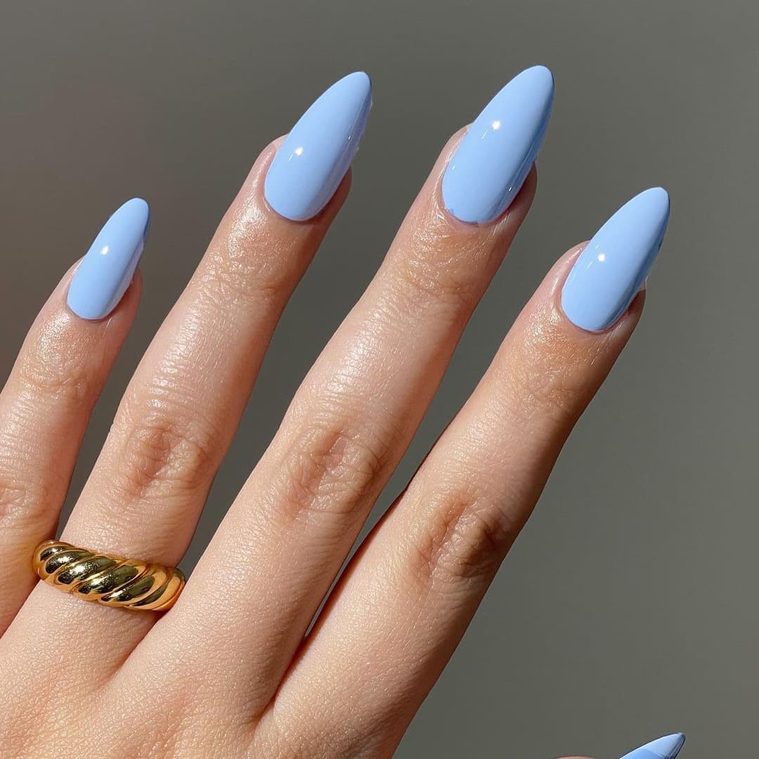 Wearable Nails Simple Solid Blue Almond Drop False Nails Stickers Ready-Made Nail Tips Wholesale