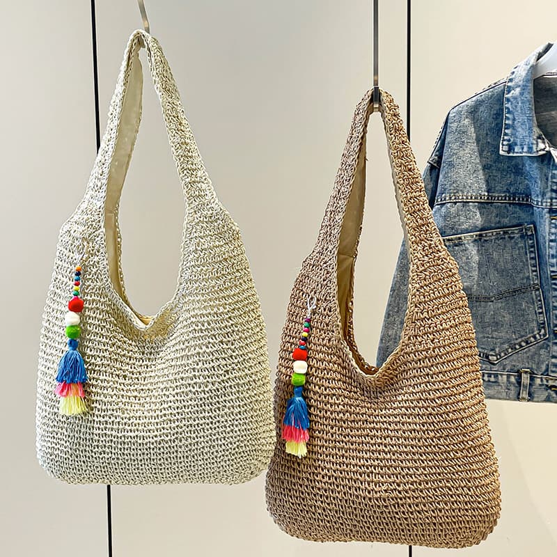 Beach Vacation Style Straw Woven Bag 2026 New Model Shoulder Bag Large Capacity Personalized Solid Color Tote Bag Woven Beach Bag