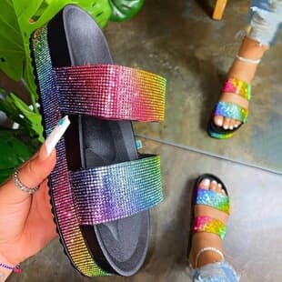 Large Size Rhinestone Sandals for Women 2020 Summer New Flat Thick Sole One-Strap Beach Shoes Women's Wish Amazon