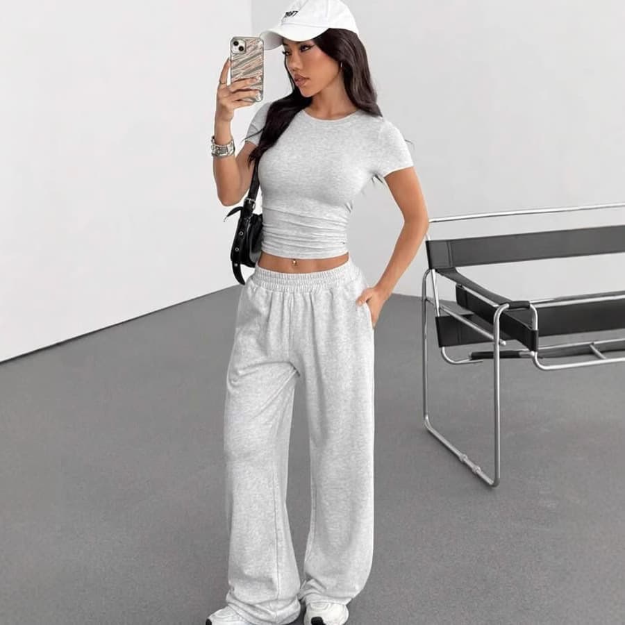 2026 European and American Cross-Border Amazon Women's New Set Long Sleeve Solid Tight Top with Long Pants Two-Piece Set