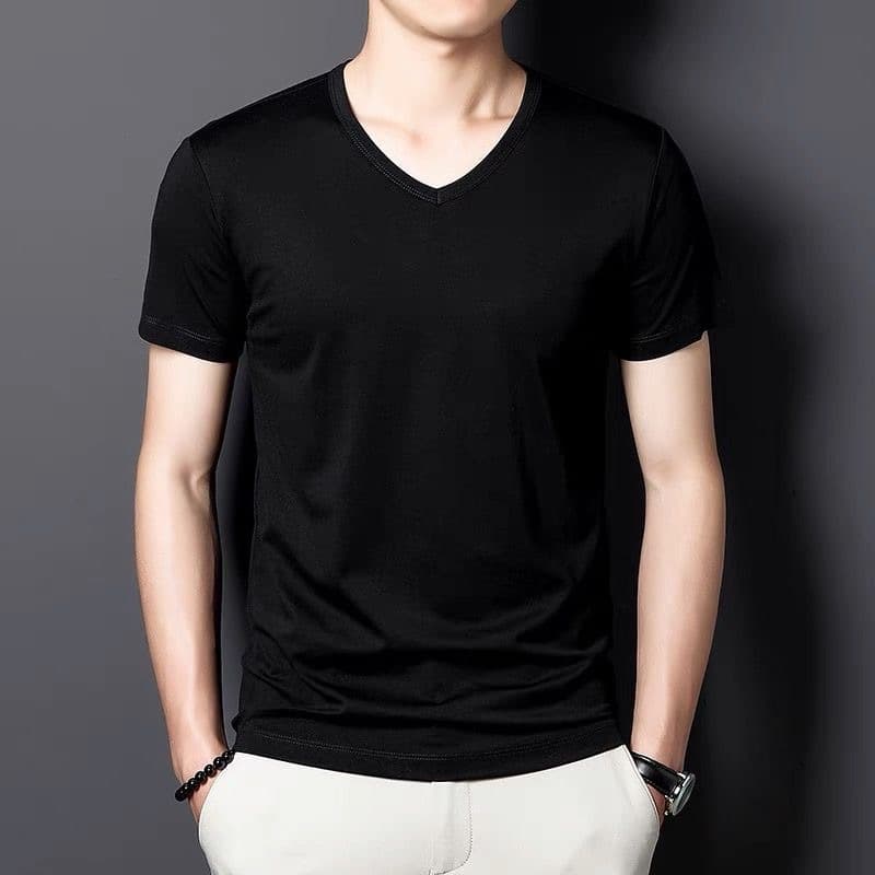 Cooling V-Neck Men's Short Sleeve Summer Ice Silk Solid Color Base T-Shirt Simple Versatile Half Sleeve Cooling Quick Dry Tee for Men