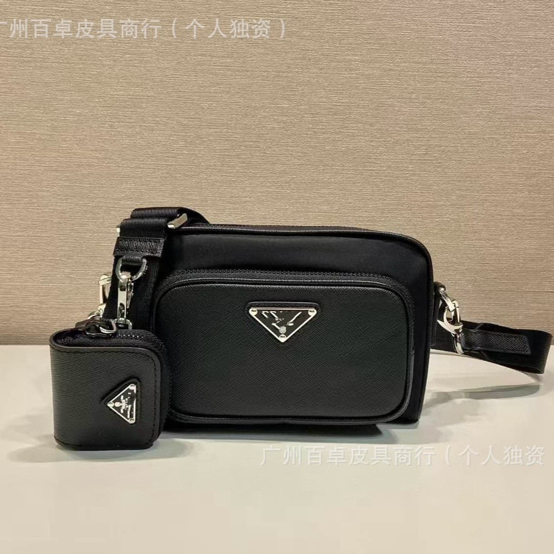 P Family Triangle Logo 2VH172 Cross-grain Nylon Fabric Men's Crossbody Bag Cross-border Export Men's Bag Set with Detachable Pouch
