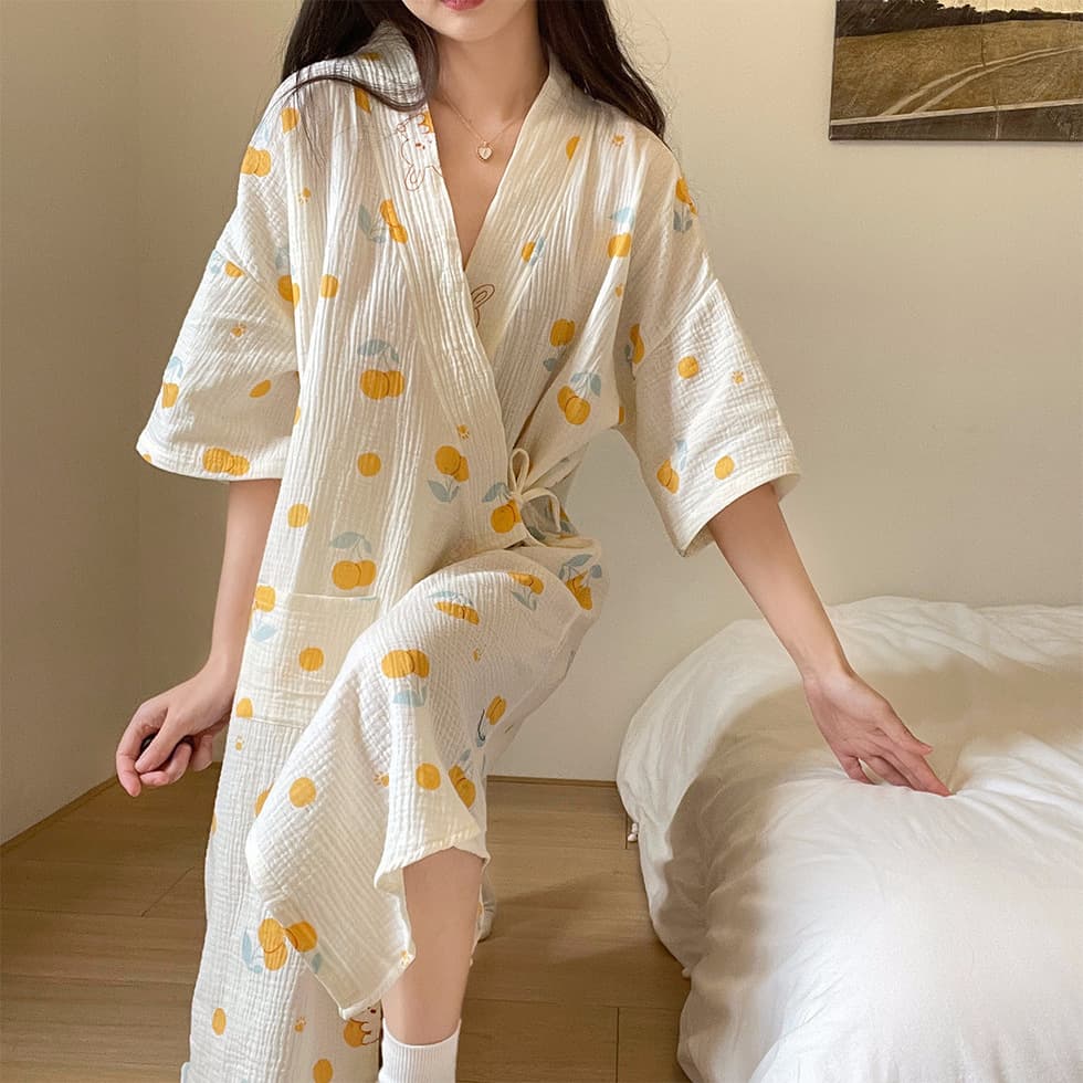 Japanese Style Kimono Sleepwear Women's Summer New Folded Cotton Long Open Cardigan Bath Robe Pure Cotton Tie Home Clothes