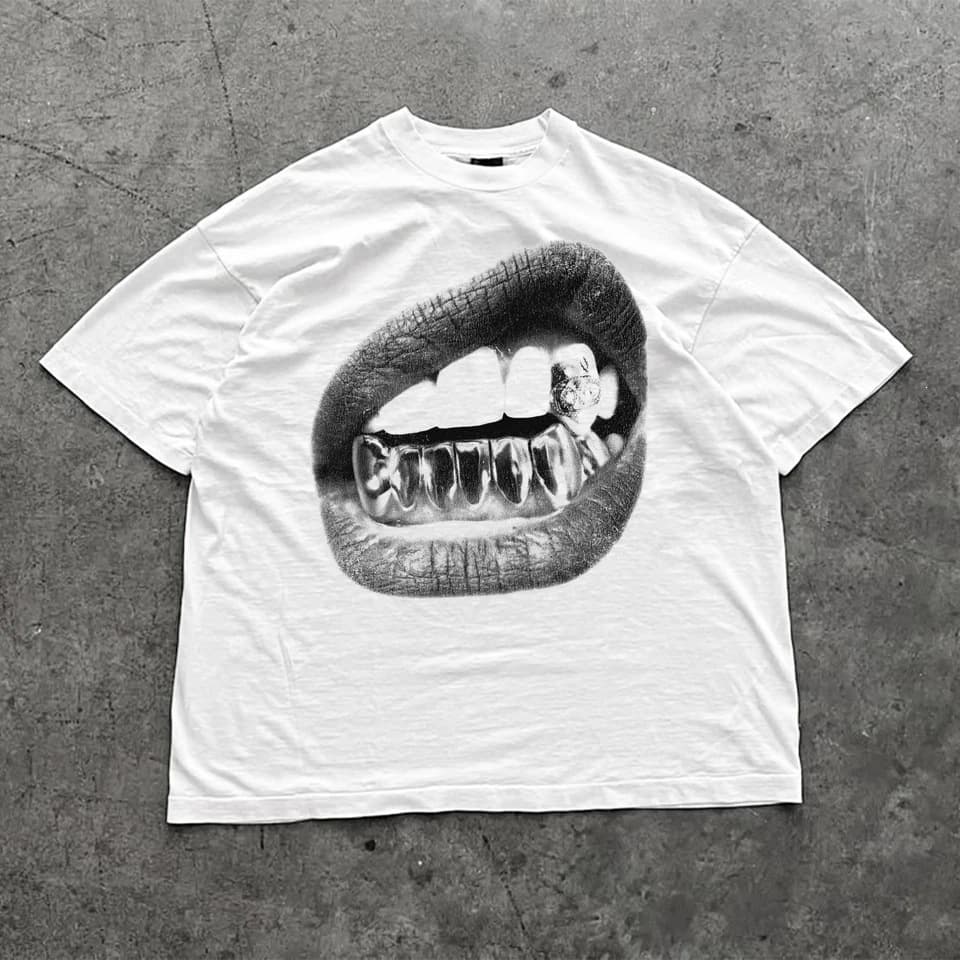 Big Lips Millennium Bug Mouth T-Shirt Grill White T-Shirt - Unisex Millennium Bug Shirt Street Couple T-Shirt Design