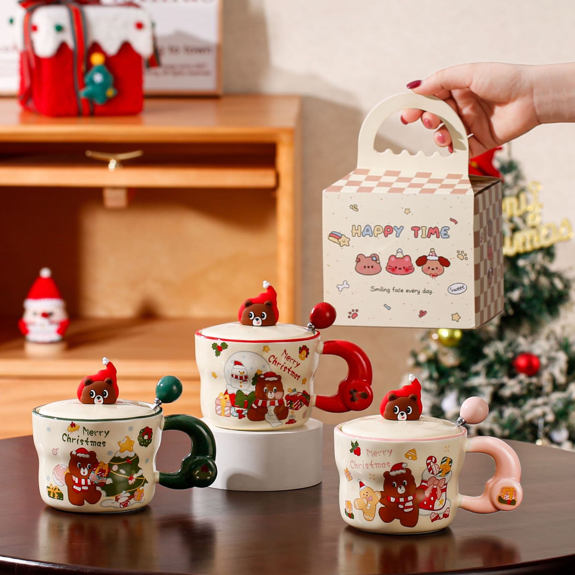 Christmas Bear Mug with Lid Spoon Cute Cartoon Ceramic Water Cup Girl Gift High-Looking Souvenir Birthday