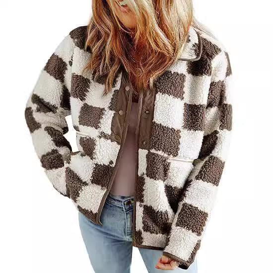 2024 Cross-Border Hot Selling Women's Autumn Thick Plaid Jacket Fleece Versatile Casual Warm Long Sleeve Coat