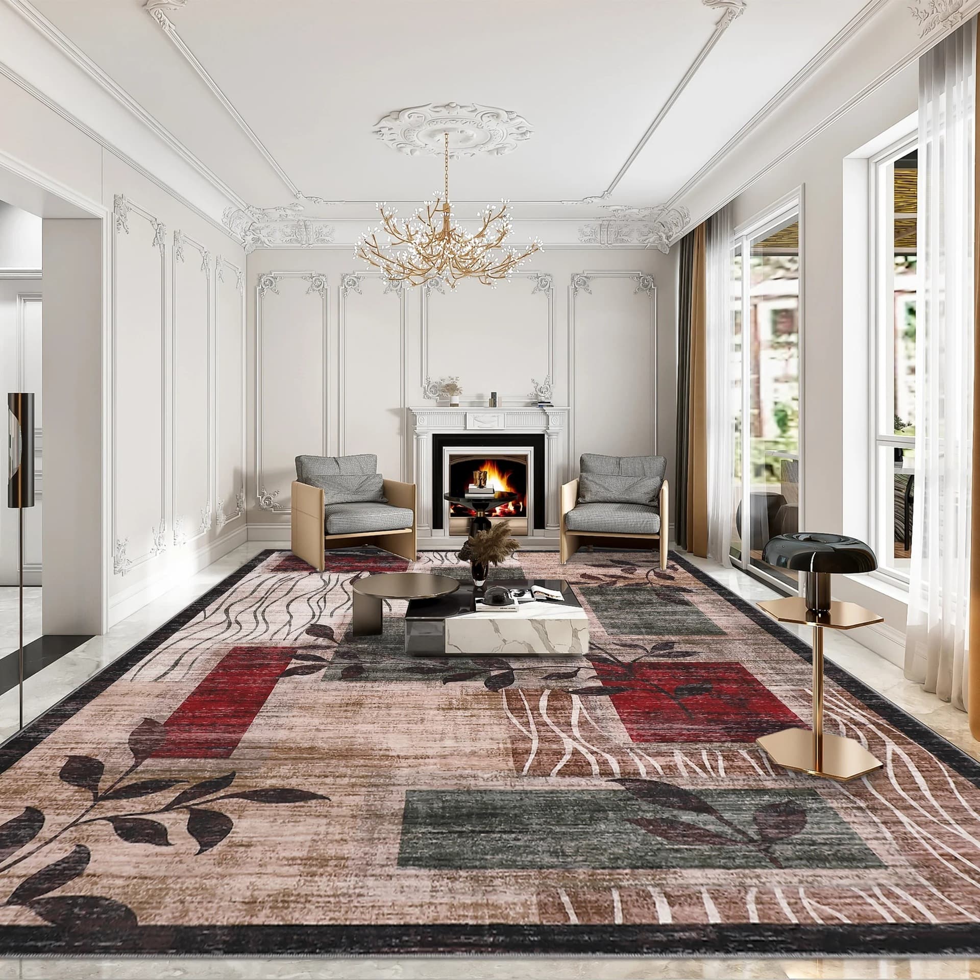 Persian Style Vintage Floral Area Rug for Living Room Sofa, Large Coverage, Easy to Clean and Stain-Resistant Mat